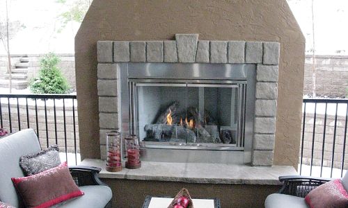 <p>Outdoor gas fireplace by Heat &amp; Glo has no chiminey so you can place it almost anywhere. This fireplace is located at Kettle Valley subdivision in Kelowna</p>