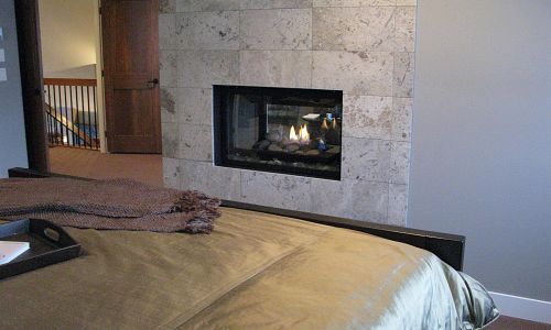 This Marquis see through gas fireplace is located in the master bedroom of Authentec Homes new showhome in the Wilden Subdivision in Kelowna.